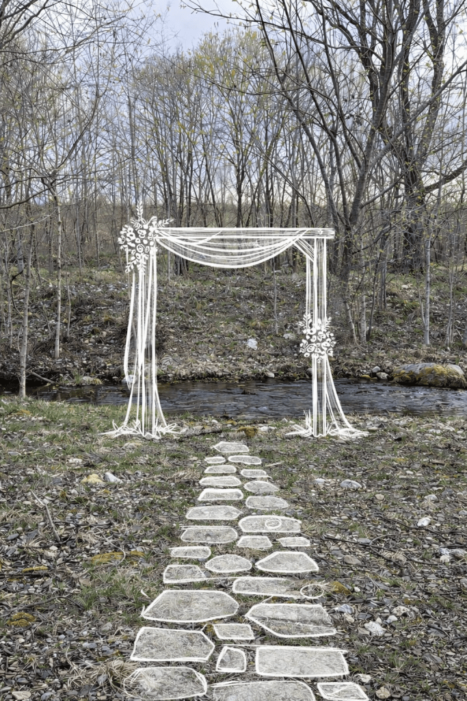 A decorative wedding arch with flowers draped in a natural setting, featuring a stone pathway leading to a stream.