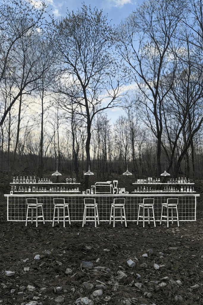 An illustration of a bar setup with multiple bottles displayed on shelves, accompanied by stools, set against a background of bare trees and a cloudy sky.