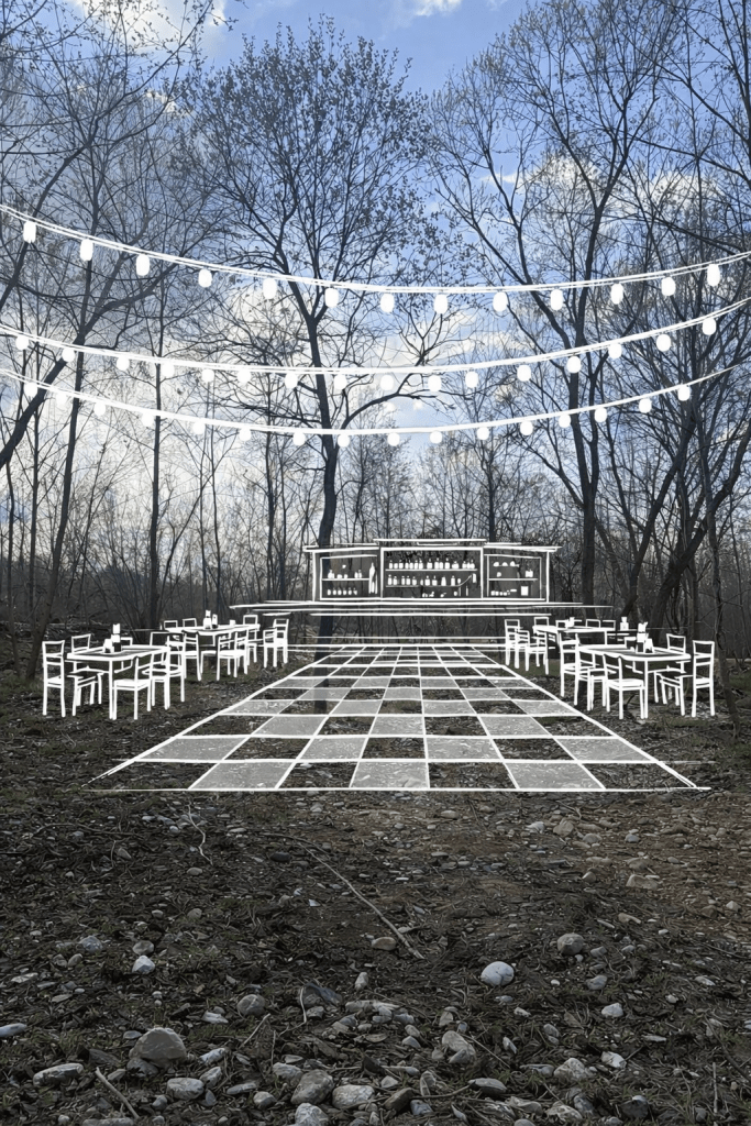 An outdoor event space featuring a checkered dance floor, surrounded by trees and adorned with string lights, with imaginary tables and a bar setup.